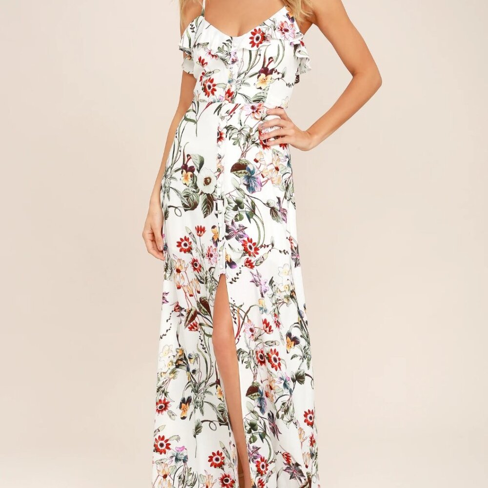 Lulus Bloom Ivory Floral Print Maxi Dress (Size Small)
